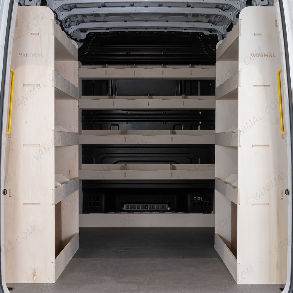 Rear van view of the MAN TGE 2017- MWB Double Rear and Full-Width Bulkhead Ply Racking