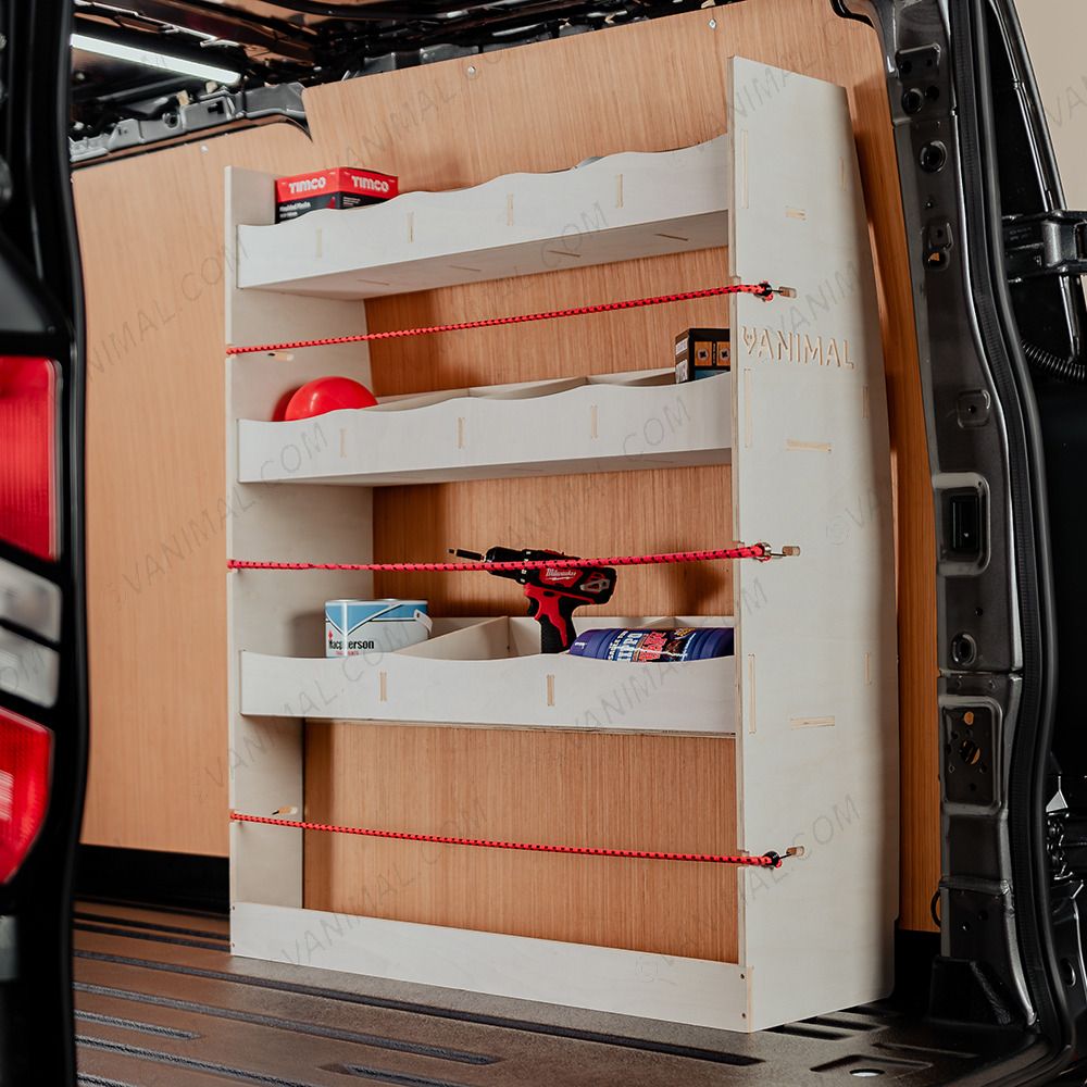 Rear van side angle view of the Ford Transit Custom 2012-2023 Crew Cab SWB OS Rear Racking and Shelving