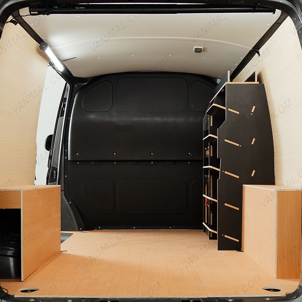 Rear van view of the Ford Transit Custom 2012-2023 Milwaukee PackOut Black Hexaboard Front Racking V2