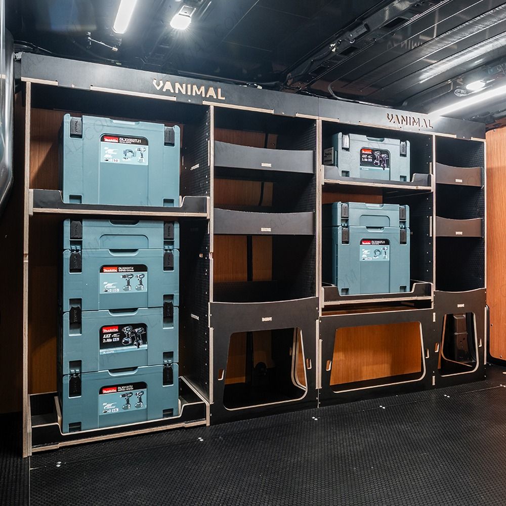 Side van angle view of the Fiat Scudo 2022+ L1 Makita Makpac Toolbox Compatible Van Racking (Full OS) displayed with Makita Makpac toolboxes and top trays