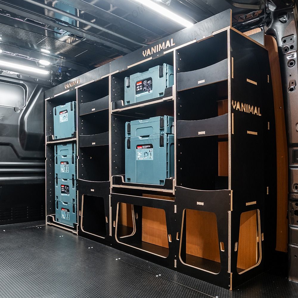 Rear van side angle view of the Fiat Scudo 2022+ L1 Makita Makpac Toolbox Compatible Van Racking (Full OS) displayed with Makita Makpac toolboxes and top trays