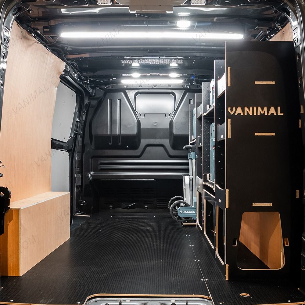 Side van view of the Fiat Scudo 2022+ L1 Makita Makpac Trolley Compatible Van Racking (Full OS) displayed with Makita Makpac toolboxes