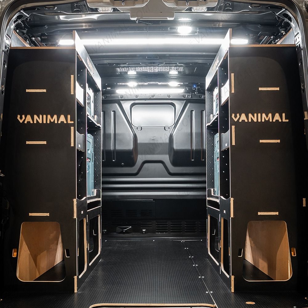 Rear van view of the Fiat Scudo 2022+ L1 Makita Makpac Toolbox Compatible Van Racking (x2 Rears) displayed with Makita Makpac toolboxes and top trays