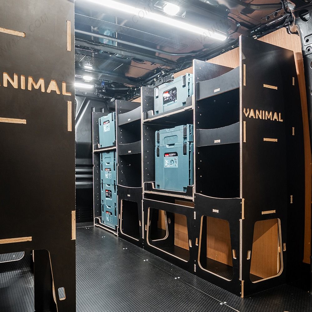 OS rear van view of the Citroen Dispatch 2016+ L1 Makita Makpac Toolbox Compatible Van Racking (x3 V2) displayed with Makita Makpac toolboxes