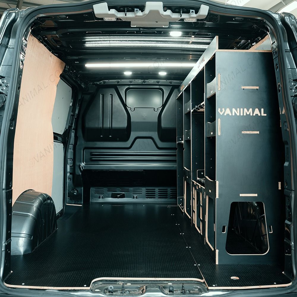 Rear van view of the Kia PV5 Cargo Milwaukee Packout Toolbox Compatible Van Racking (Full OS) displayed with top trays