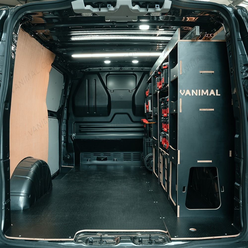 Rear van view of the Fiat Scudo 2022+ L1 Milwaukee Packout Trolley Compatible Van Racking (Full OS)