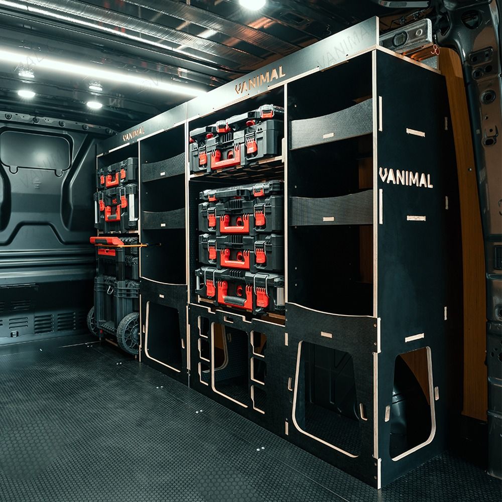 Rear van side angle view of the Fiat Scudo 2022+ L1 Milwaukee Packout Trolley Compatible Van Racking with optional top trays