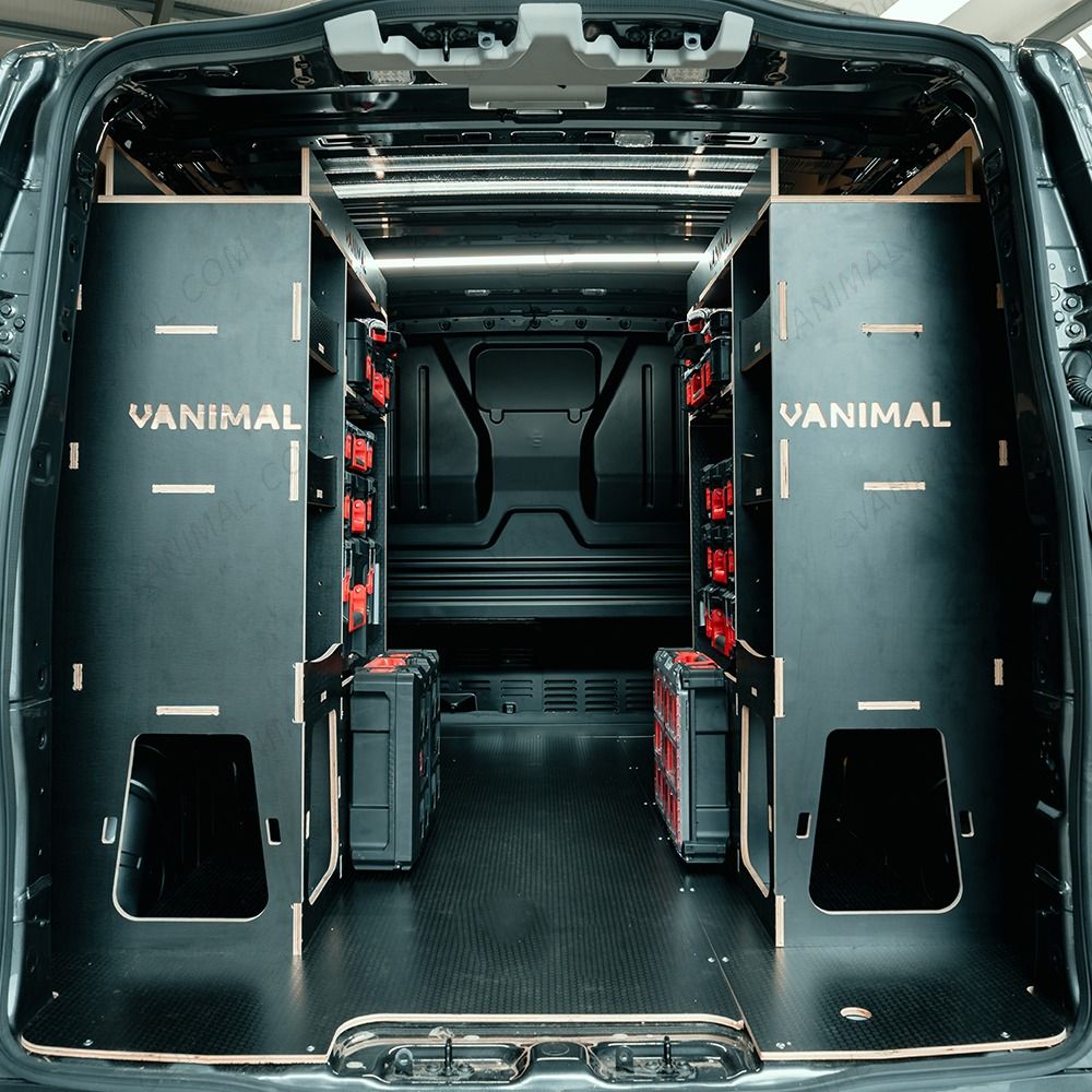 Rear van view of the Peugeot Expert 2016+ L1 Milwaukee Packout Toolbox Compatible Van Racking with optional top trays