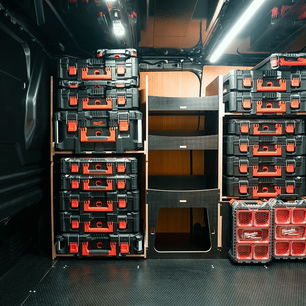 Side van view of the Peugeot Expert 2016+ L1 Milwaukee Packout Toolbox Compatible Van Racking