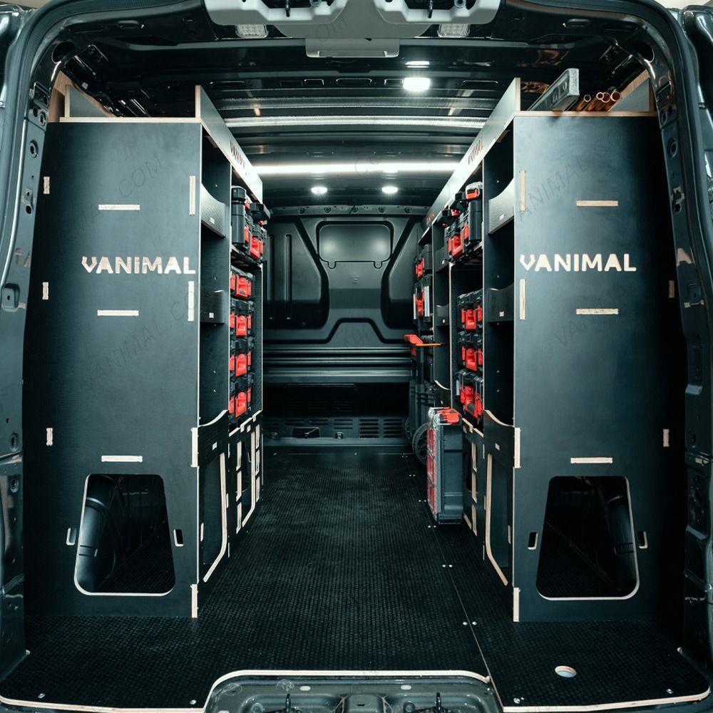 Rear van view of the Toyota Proace 2016+ L1 Milwaukee Packout Trolley Compatible Van Racking displayed with Milwaukee tools and trolley