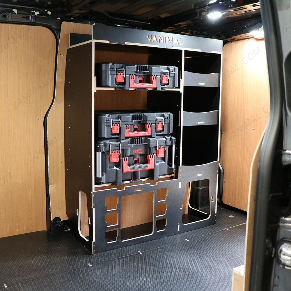 Side van angle view of the Kia PV5 Cargo Milwaukee Packout Toolbox Compatible Van Racking (x2 V2) displayed with Milwaukee toolboxes and top trays