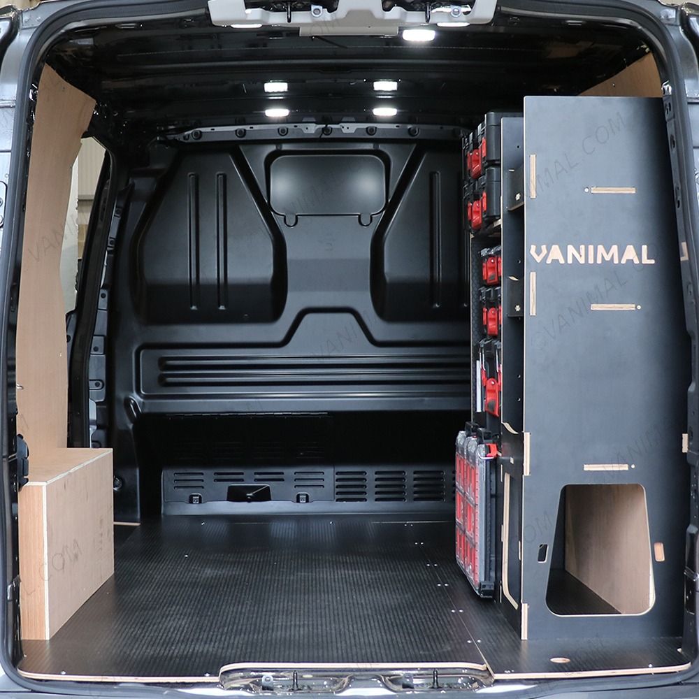 Rear van view of the Kia PV5 Cargo Milwaukee Packout Toolbox Compatible Van Racking - OS Rear