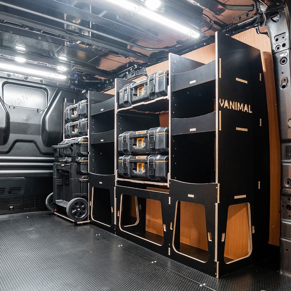 Rear van side angle view of the Fiat Scudo DeWalt ToughSystem 2.0 Trolley Compatible Van Racking (Full OS V2) displayed with DeWalt ToughSystem 2.0 toolboxes and trolley