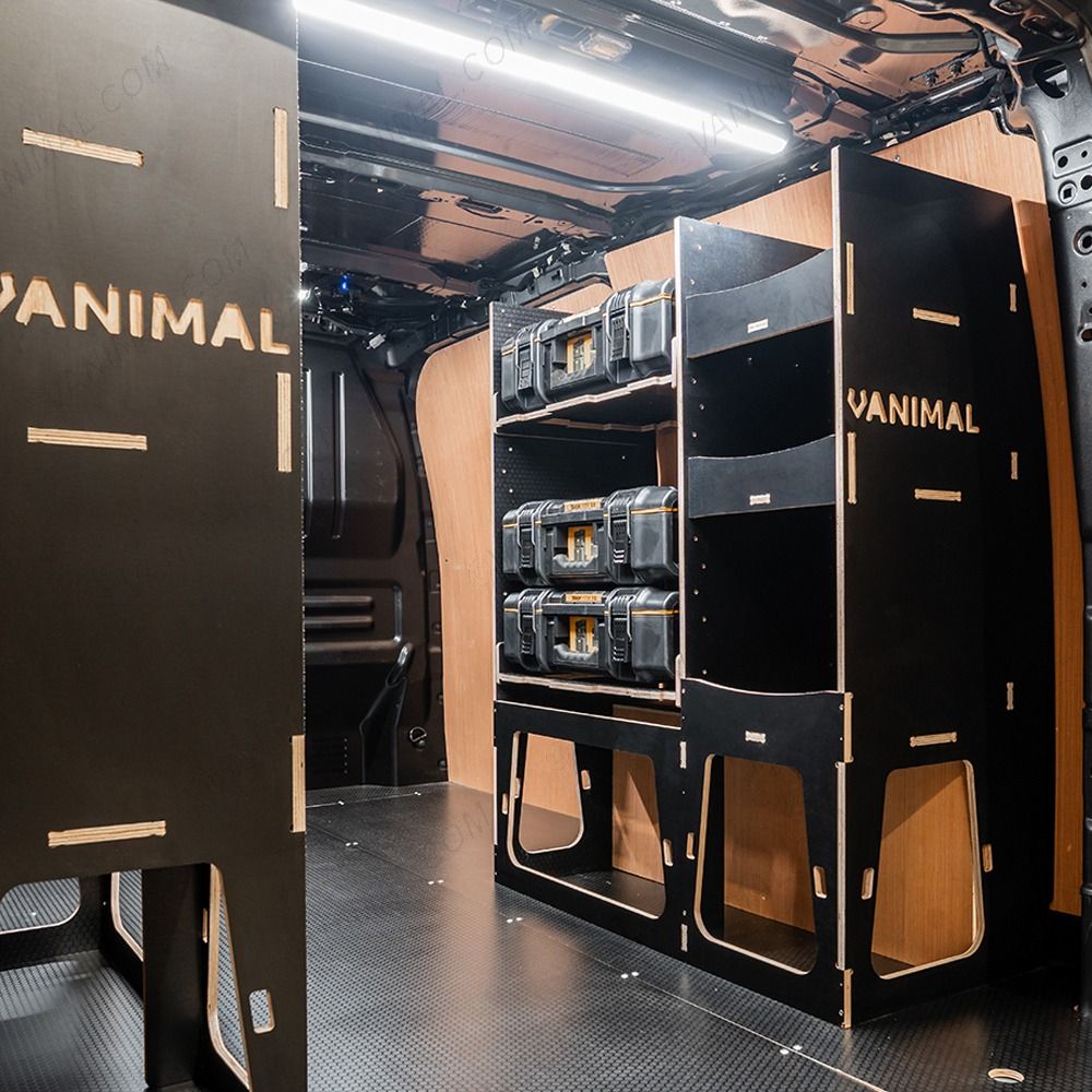 OS rear van view of the Scudo 2022- L1 DeWalt ToughSystem Toolbox Compatible Van Racking (x2 Rears) displayed with DeWalt ToughSystem 2.0 toolboxes