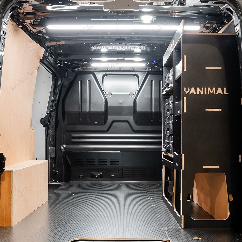 Rear van view of the Kia PV5 Cargo DeWalt ToughSystem Toolbox Compatible Van Racking - OS Rear displayed with DeWalt ToughSystem toolboxes and top tray