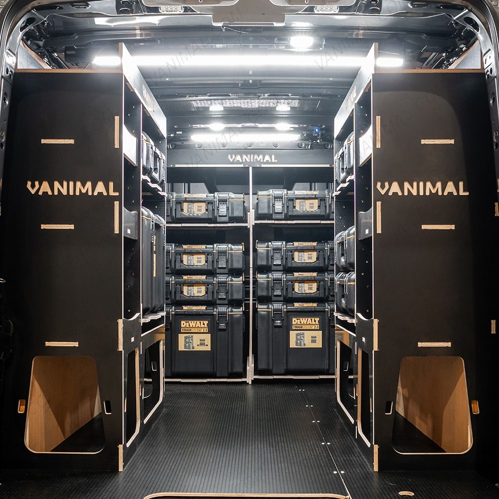 Rear van view of the Kia PV5 Cargo DeWalt ToughSystem Toolbox Compatible Van Racking (x3 V1) displayed with DeWalt ToughSystem toolboxes and top trays