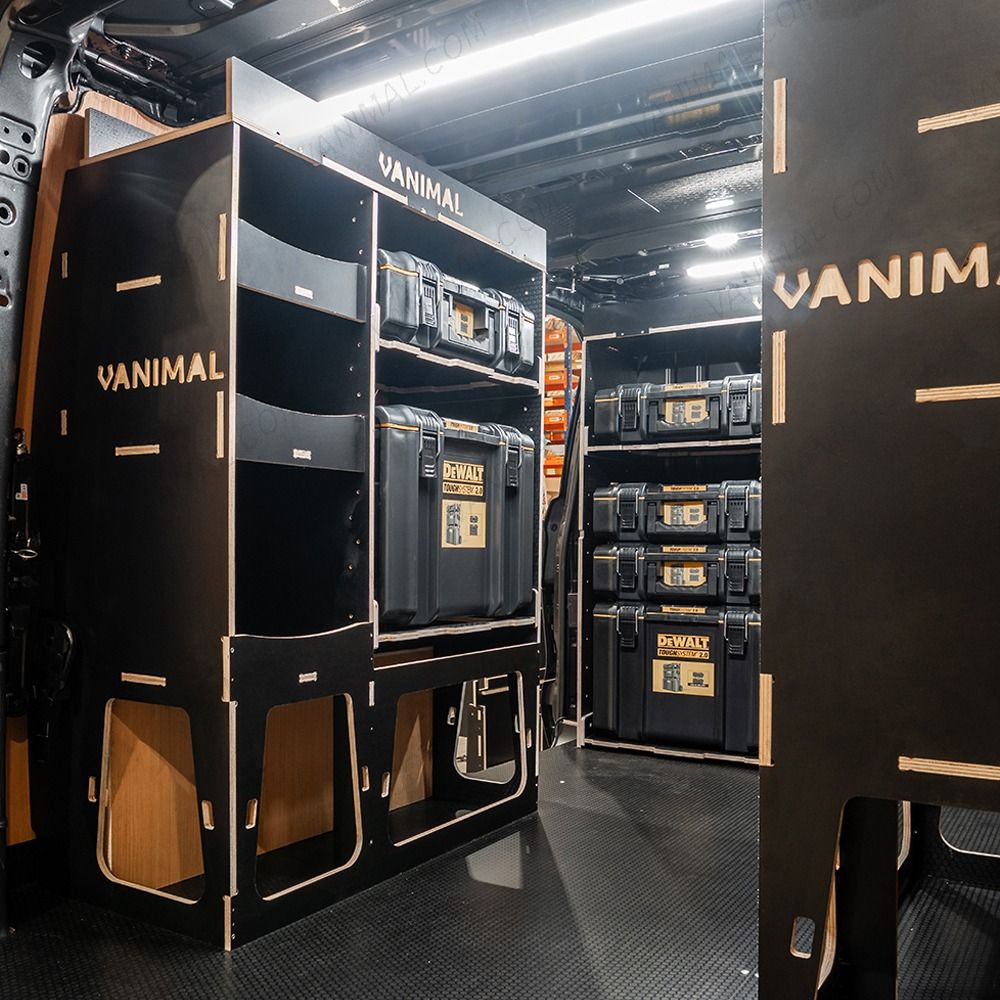 Rear van NS angle view of the Kia PV5 Cargo DeWalt ToughSystem Toolbox Compatible Van Racking (x3 V1) displayed with DeWalt ToughSystem toolboxes and top trays