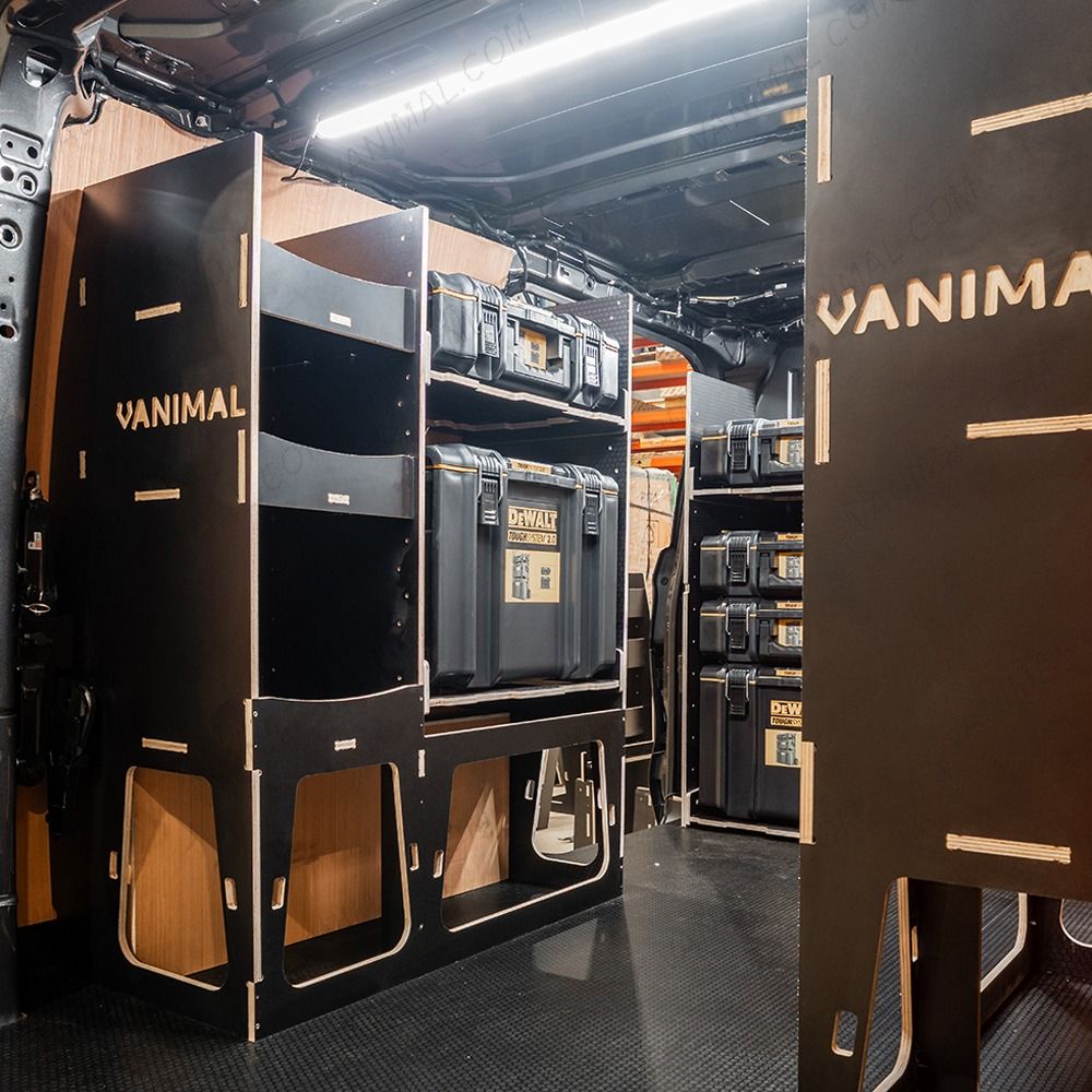 Rear van NS angle view of the Kia PV5 Cargo DeWalt ToughSystem Toolbox Compatible Van Racking (x3 V1) displayed with DeWalt ToughSystem toolboxes