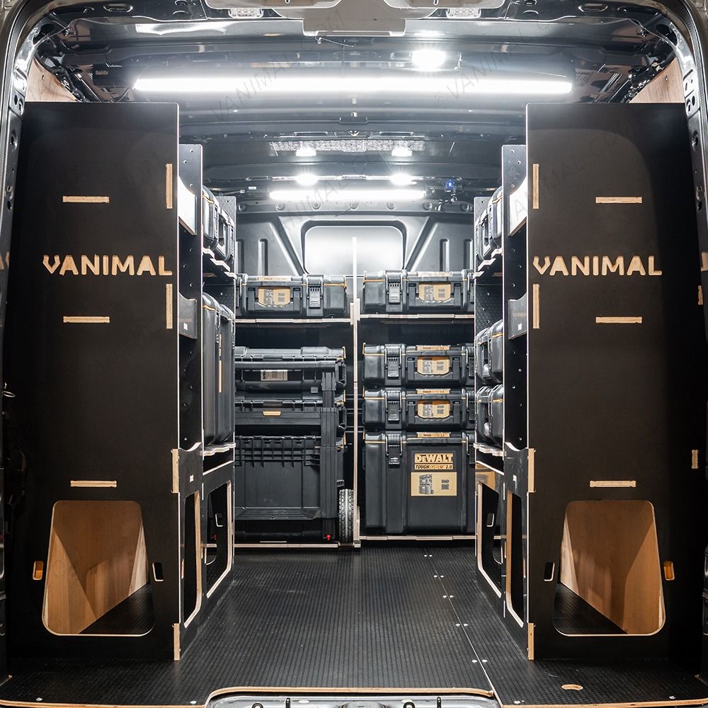 Rear van view of the Kia PV5 Cargo DeWalt ToughSystem Trolley Compatible Van Racking (x3 V1) displayed with DeWalt ToughSystem toolboxes and trolley