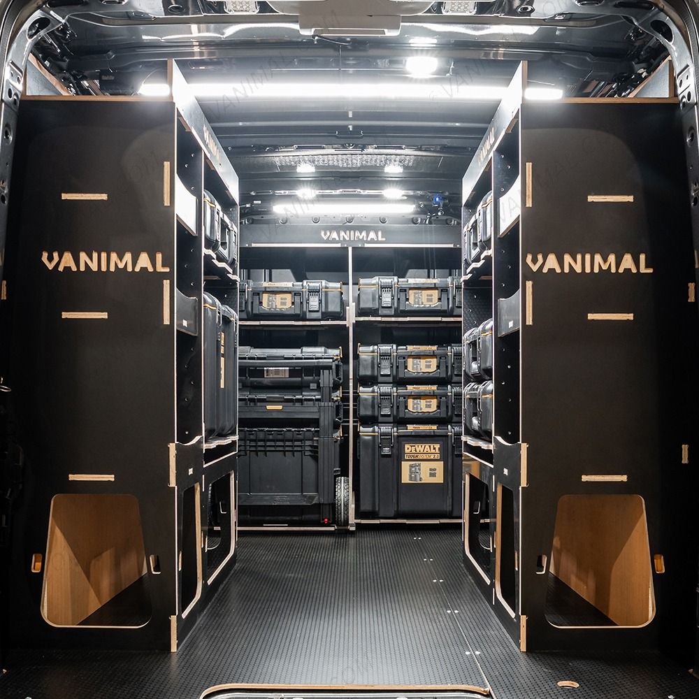 Rear van view of the Kia PV5 Cargo DeWalt ToughSystem Trolley Compatible Van Racking (x3 V1) displayed with DeWalt ToughSystem toolboxes, trolley and top trays