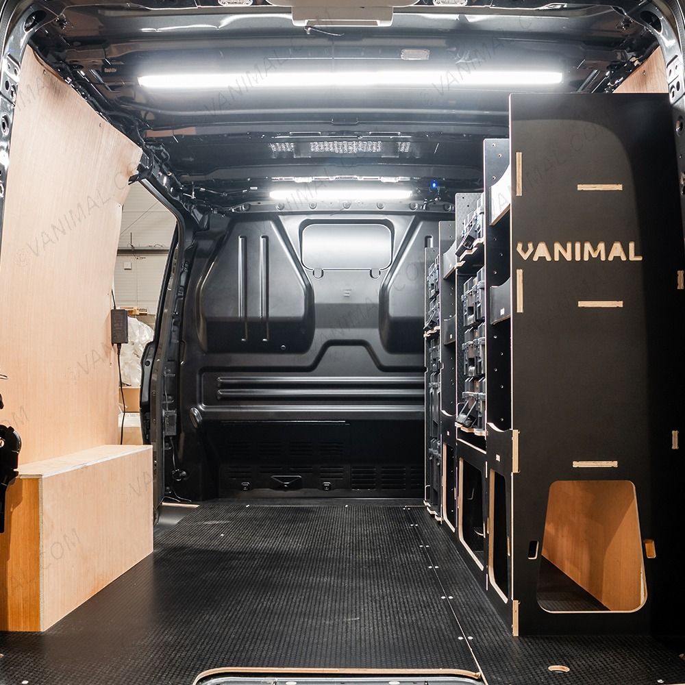 Rear van view of the Fiat Scudo 2022+ L1 DeWalt TSTAK Toolbox Compatible Van Racking (Full OS) displayed with DeWalt TSTAK toolboxes