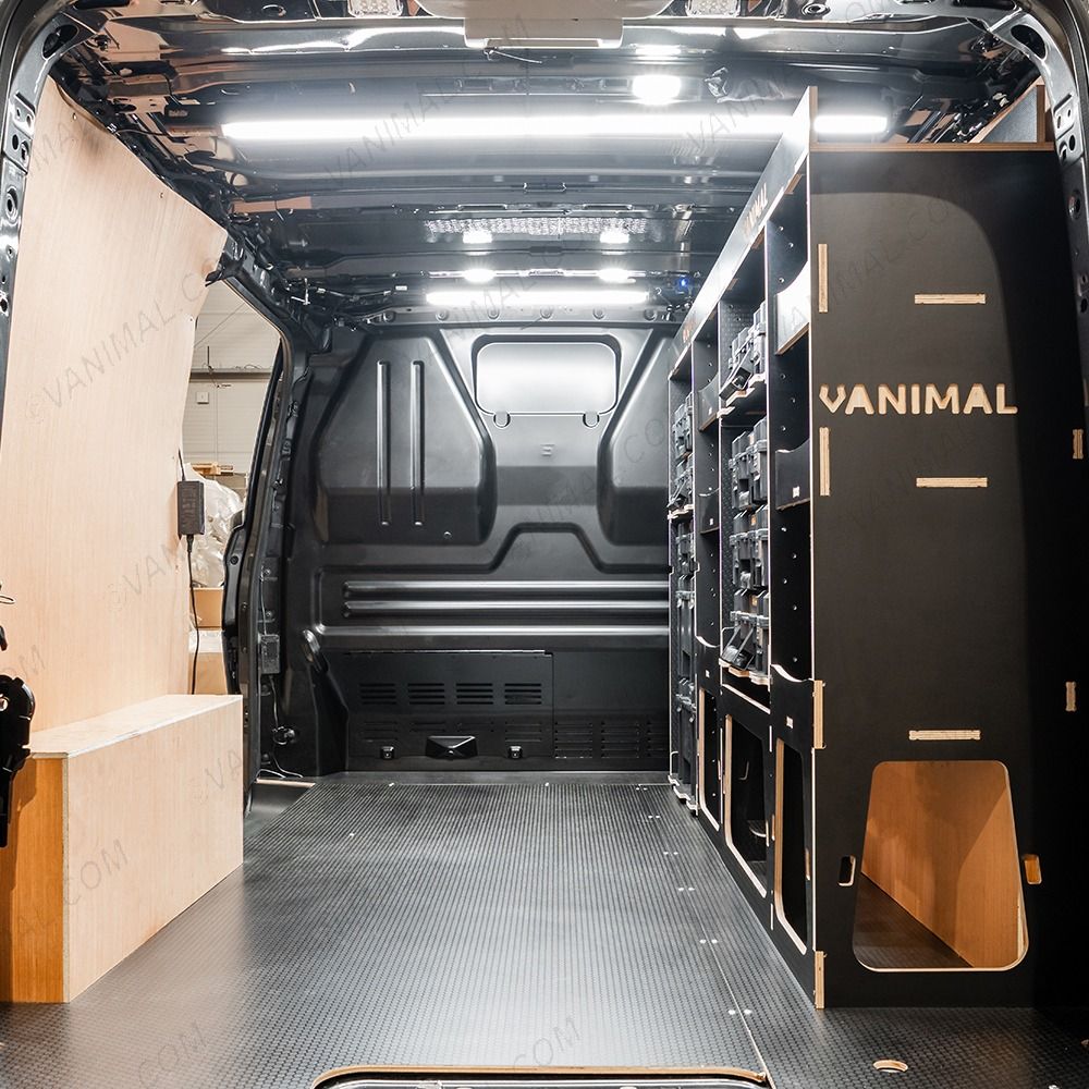 Rear van view of the Fiat Scudo 2022+ L1 DeWalt TSTAK Toolbox Compatible Van Racking (Full OS) displayed with DeWalt TSTAK toolboxes and top trays