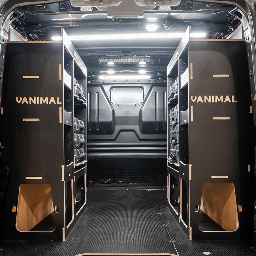 Rear van view of the Fiat Scudo 2022+ L1 DeWalt TSTAK Toolbox Compatible Van Racking (x2 Rears) displayed with DeWalt TSTAK toolboxes and top trays