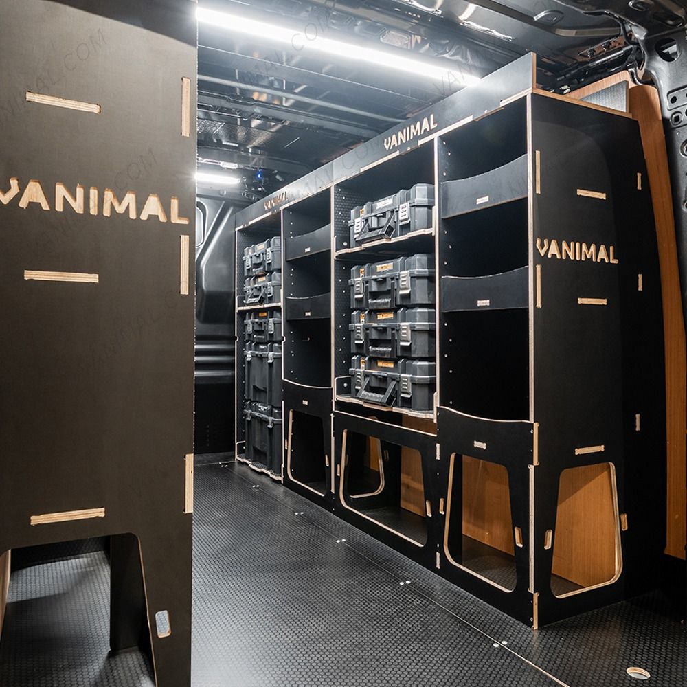 OS rear van view of the Peugeot Expert 2016+ L1 DeWalt TSTAK Toolbox Compatible Van Racking (x3 V2) displayed with DeWalt TSTAK toolboxes and top trays