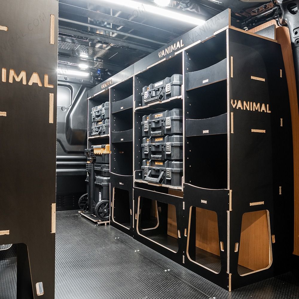 OS rear van view of the Citroen Dispatch 2016+ L1 DeWalt TSTAK Trolley Compatible Van Racking (x3 V2) displayed with DeWalt TSTAK toolboxes and trolley - top trays