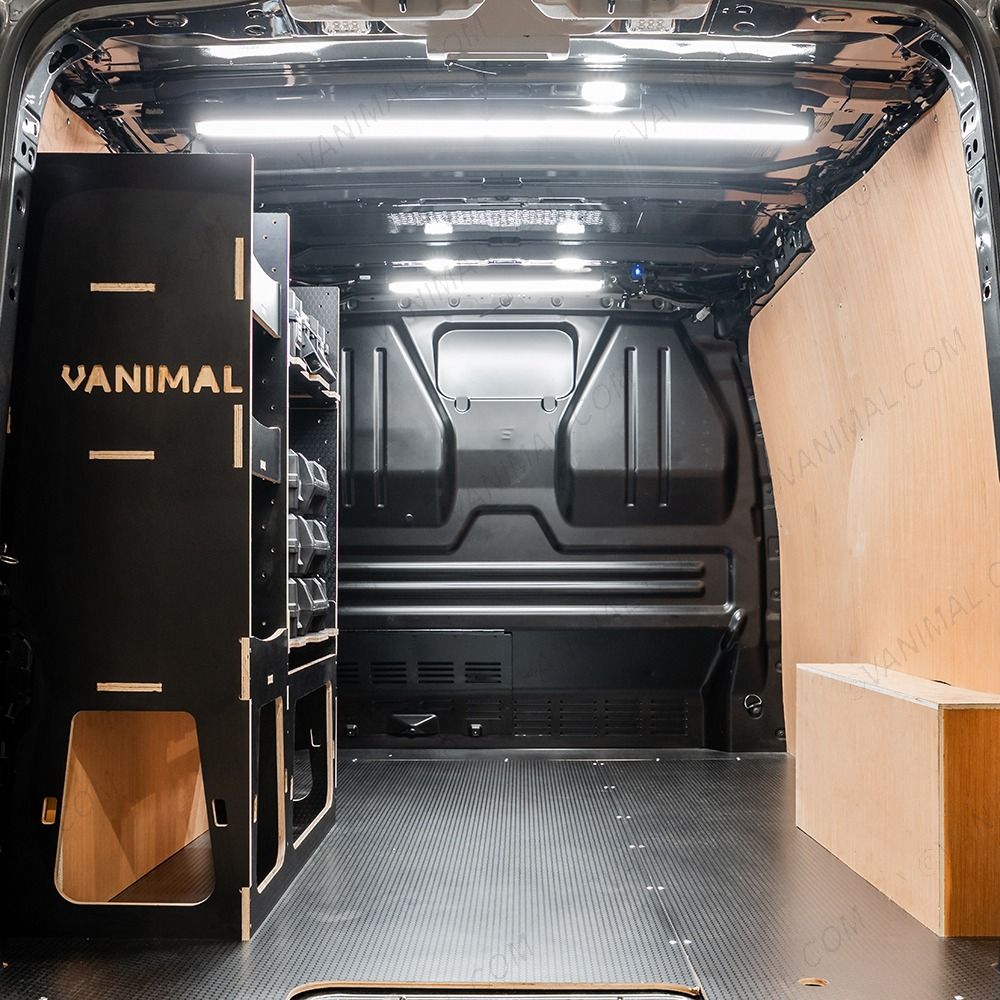 Rear van view of the Ford Transit Custom 2012-2023 L1 DeWalt TSTAK Toolbox Compatible Van Racking - NS Rear displayed with DeWalt TSTAK toolboxes 