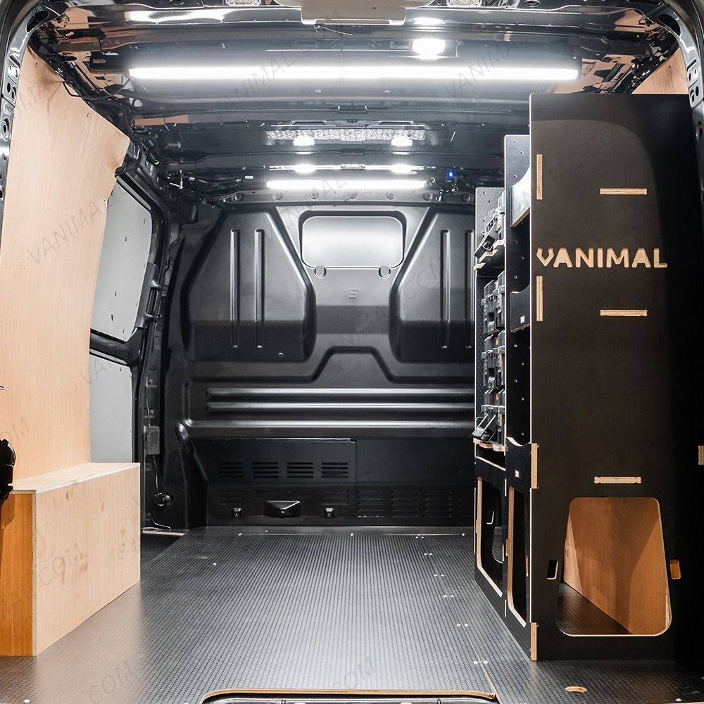 Rear van view of the Fiat Scudo 2022+ L1 DeWalt TSTAK Toolbox Compatible Van Racking - OS Rear displayed with DeWalt TSTAK toolboxes