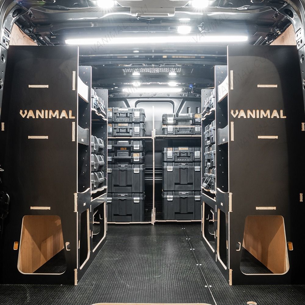 Rear van view of the Kia PV5 Cargo DeWalt TSTAK Toolbox Compatible Van Racking (x3 V1) displayed with DeWalt TSTAK toolboxes