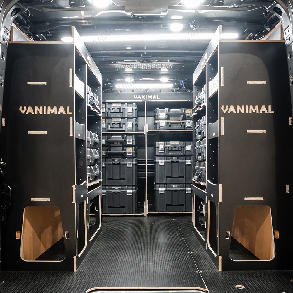 Rear van view of the PV5 Cargo 2025- DeWalt TSTAK Toolbox Compatible Van Racking (x3 V1) displayed with DeWalt TSTAK toolboxes and top trays