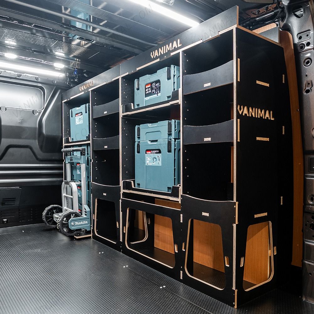 Rear van side angle view of the Citroen Dispatch 2016+ L2 Makita Makpac Trolley Compatible Van Racking (Full OS) displayed with Makita Makpac toolboxes