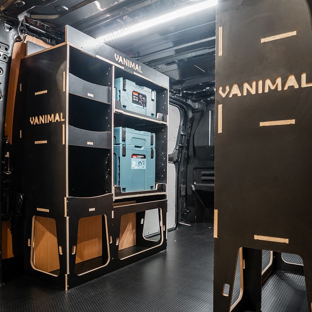 NS rear van view of the Citroen Dispatch 2016+ L2 Makita Makpac Toolbox Compatible Van Racking (x2 Rears) displayed with Makita Makpac toolboxes and top trays