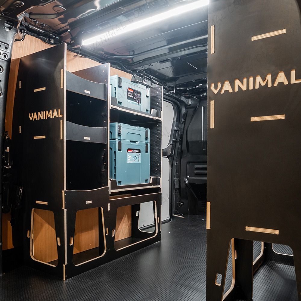 NS rear van view of the Citroen Dispatch 2016+ L2 Makita Makpac Toolbox Compatible Van Racking (x2 Rears) displayed with Makita Makpac toolboxes 