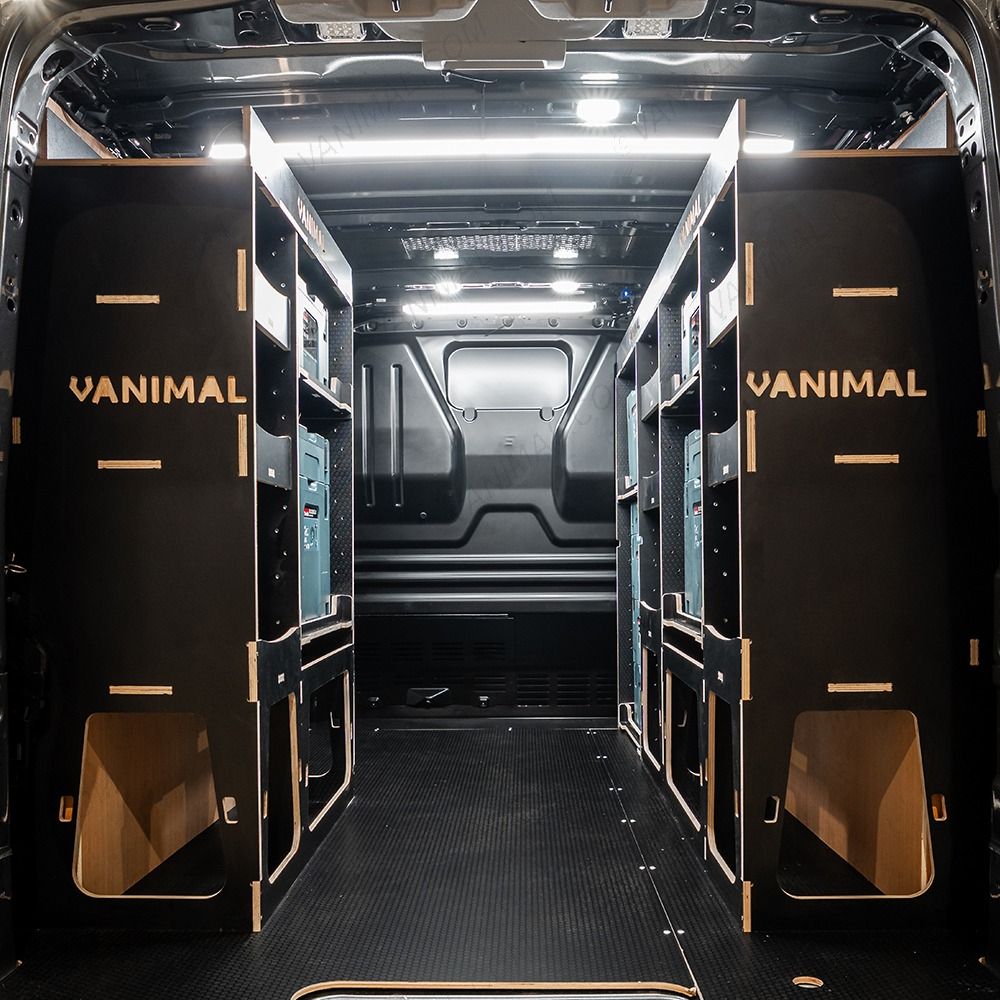 Rear van view of the Citroen Dispatch 2016+ L2 Makita Makpac Toolbox Compatible Van Racking (x3 V2) displayed with Makita Makpac toolboxes and top trays