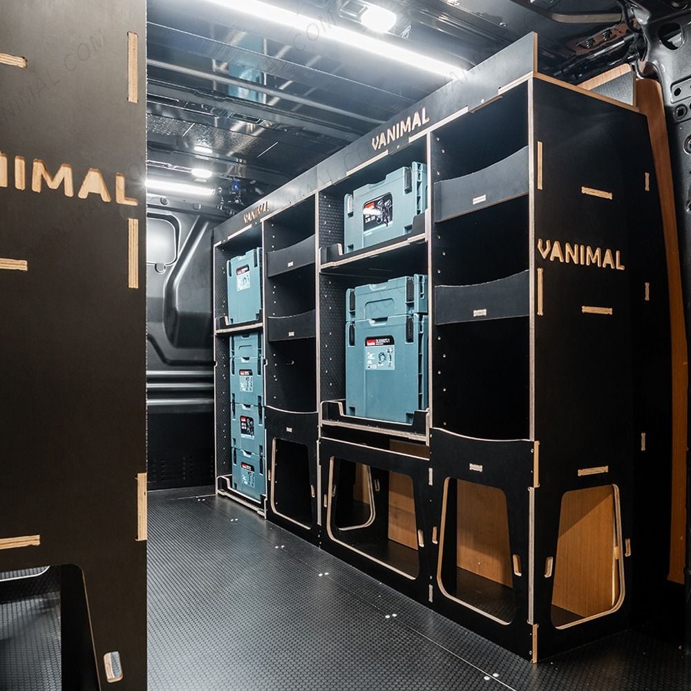 OS rear van view of the Citroen Dispatch 2016+ L2 Makita Makpac Toolbox Compatible Van Racking (x3 V2) displayed with Makita Makpac toolboxes and top trays