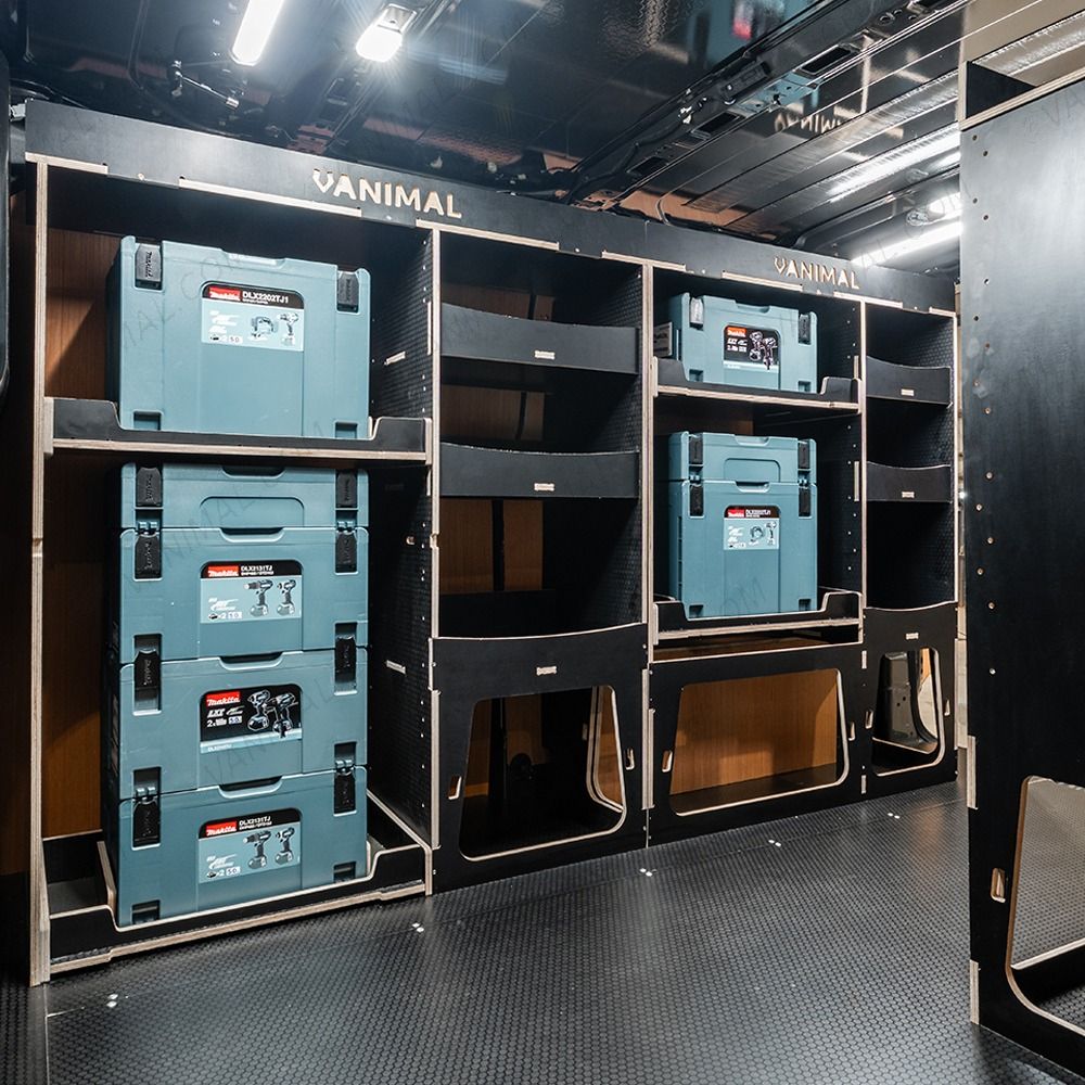 Side van view of the Citroen Dispatch 2016+ L2 Makita Makpac Toolbox Compatible Van Racking (x3 V2) displayed with Makita Makpac toolboxes and top trays