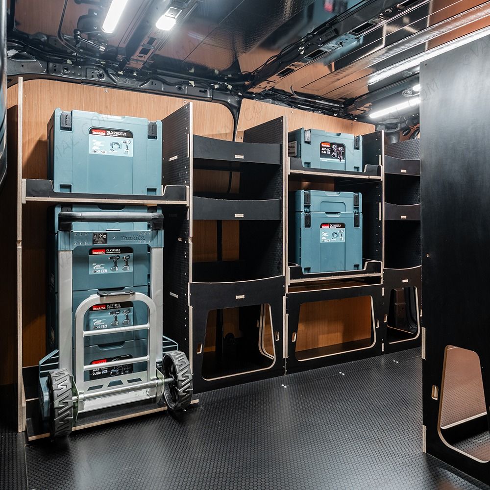 NS rear van view of the Citroen Dispatch 2016+ L2 Makita Makpac Trolley Compatible Van Racking (x3 V2) displayed with Makita Makpac toolboxes and trolley 