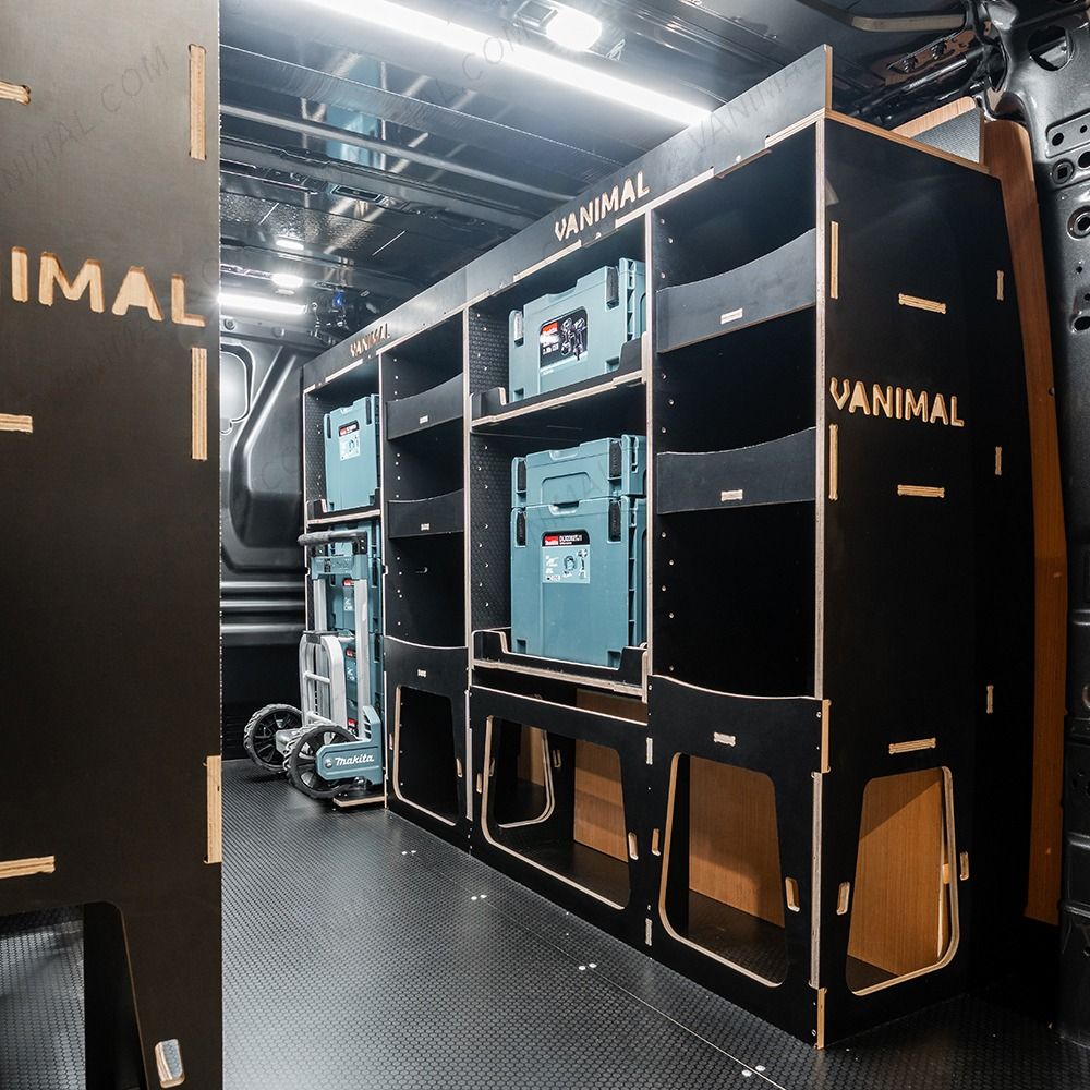 OS rear van view of the Citroen Dispatch 2016+ L2 Makita Makpac Trolley Compatible Van Racking (x3 V2) displayed with Makita Makpac toolboxes and trolley 