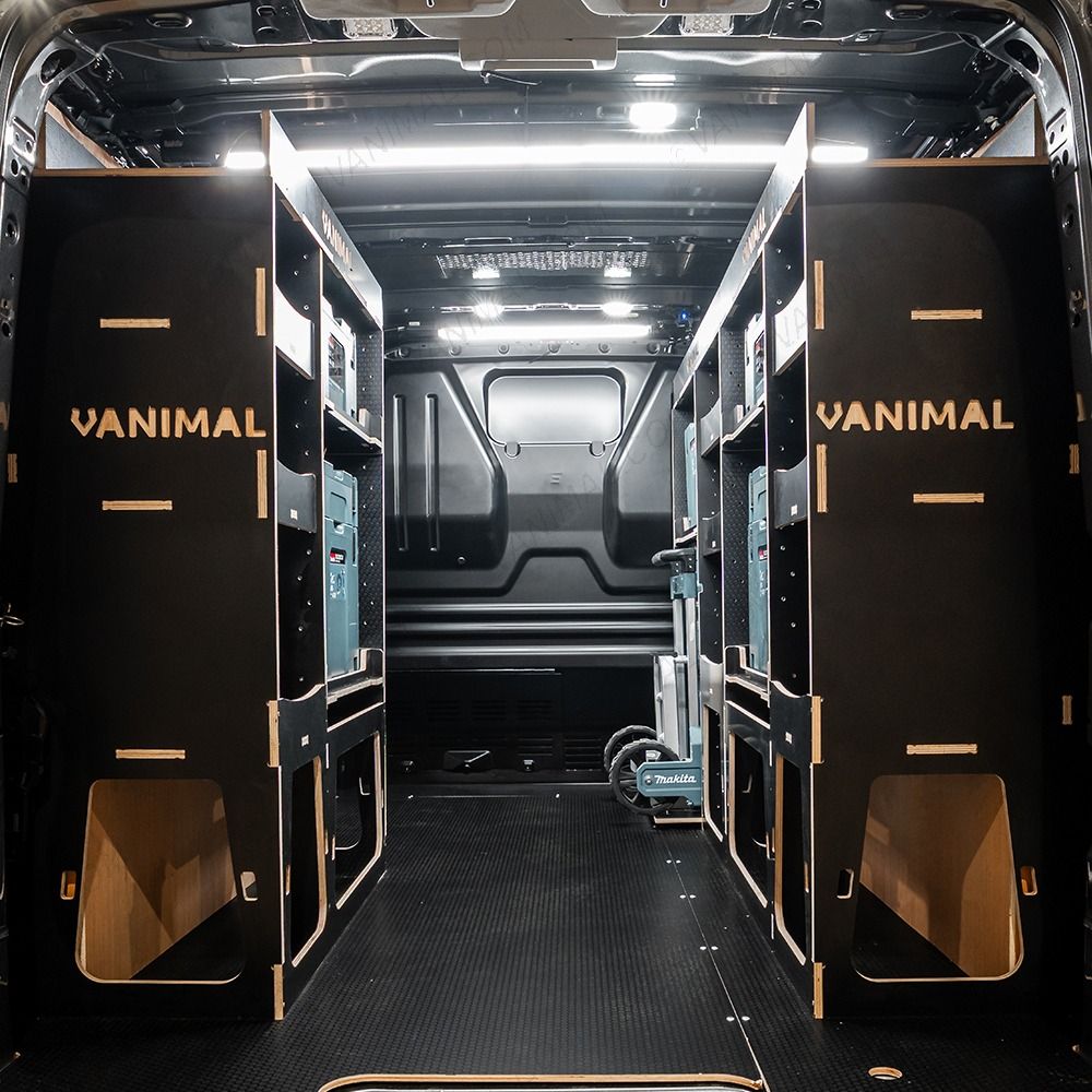 Rear van view of the Citroen Dispatch 2016+ L2 Makita Makpac Trolley Compatible Van Racking (x3 V2) displayed with Makita Makpac toolboxes