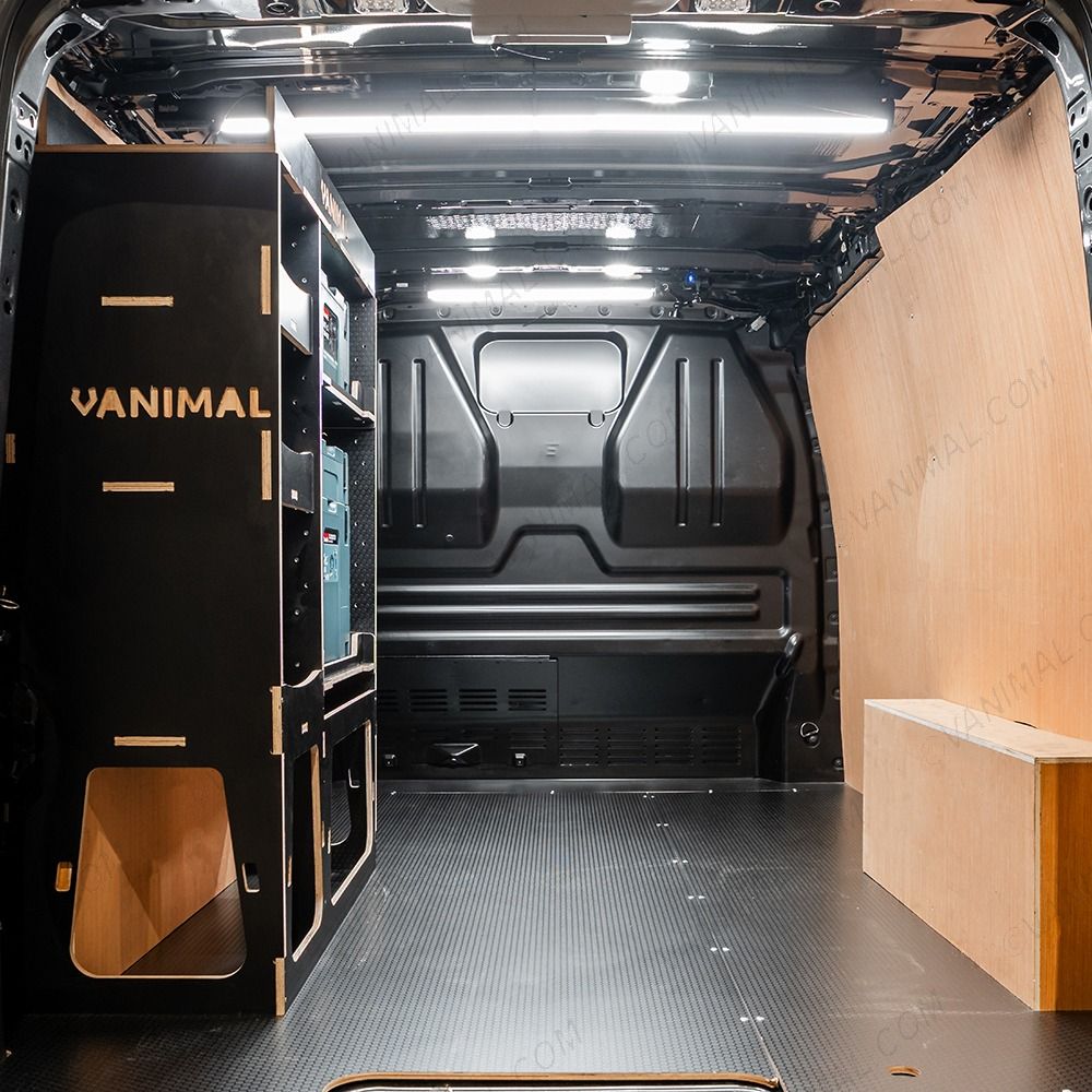 Rear van view of the Fiat Scudo 2022+ L2 Makita Makpac Toolbox Compatible Van Racking - NS Rear displayed with Makita Makpac toolboxes and top tray