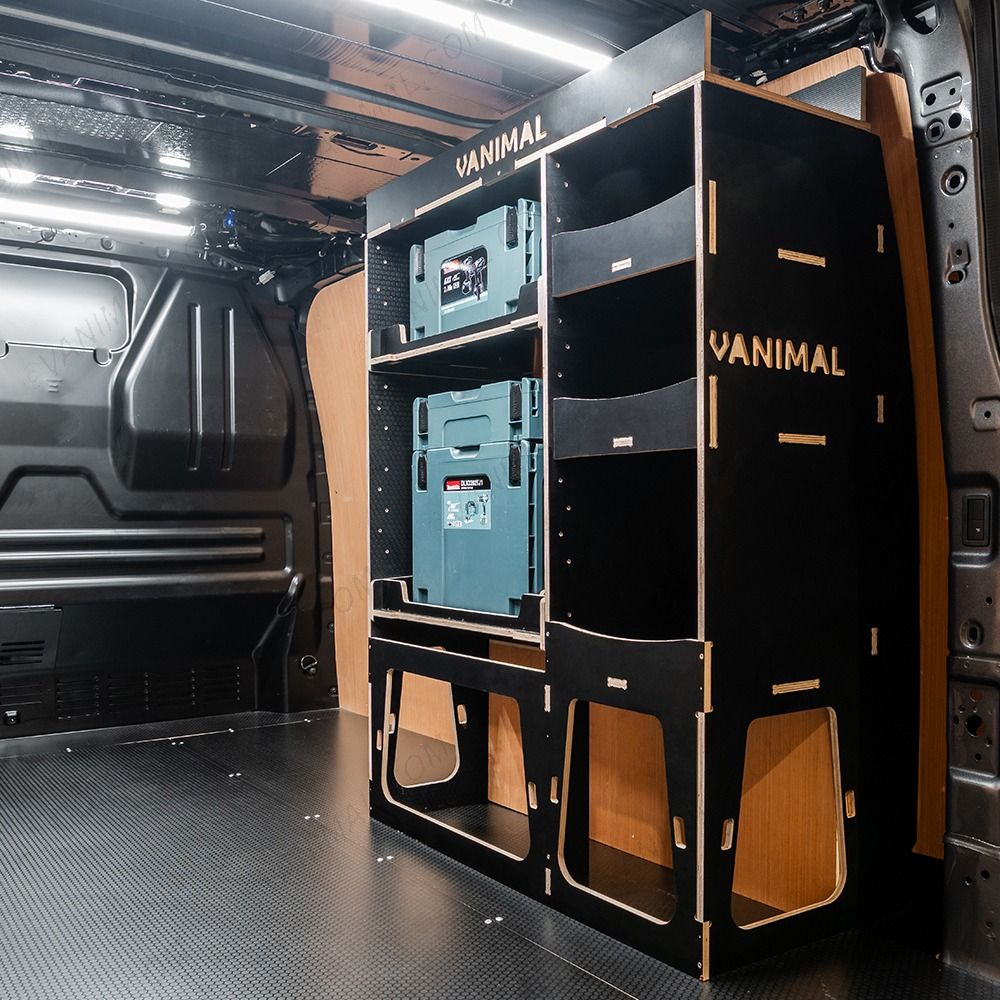 Rear van side angle view of the Fiat Scudo 2022+ L2 Makita Makpac Toolbox Compatible Van Racking - OS Rear displayed with Makita Makpac toolboxes and top tray