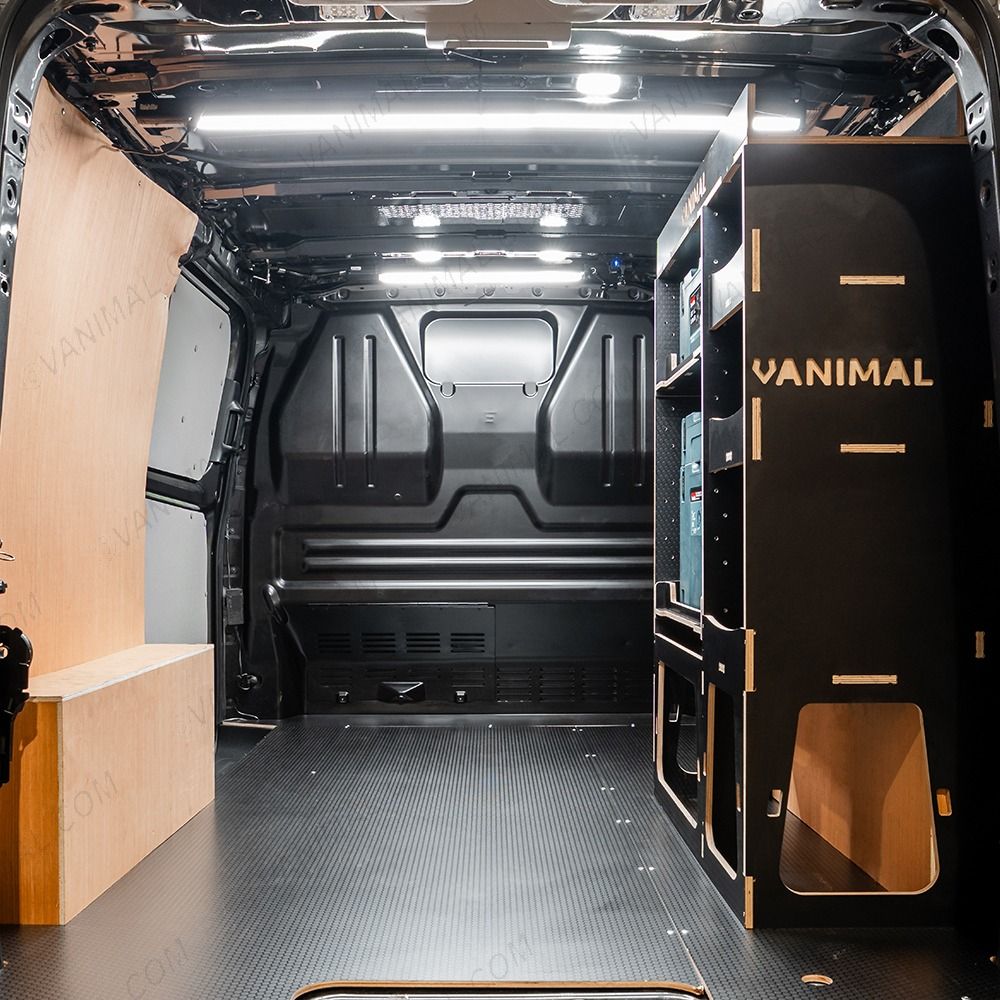 Rear van view of the Fiat Scudo 2022+ L2 Makita Makpac Toolbox Compatible Van Racking - OS Rear displayed with Makita Makpac toolboxes and top tray