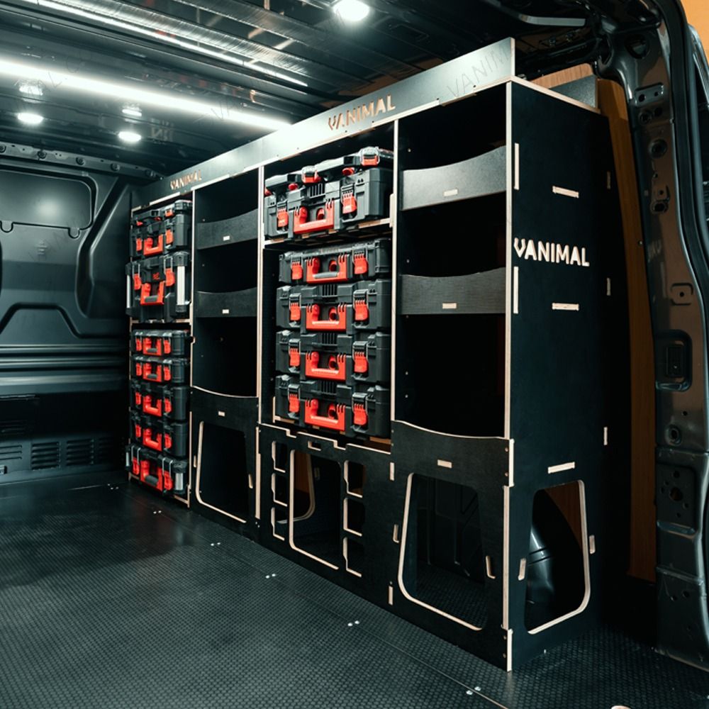 Rear van side angle view of the Fiat Scudo 2022+ L2 Milwaukee Packout Toolbox Compatible Van Racking displayed with Milwaukee tools