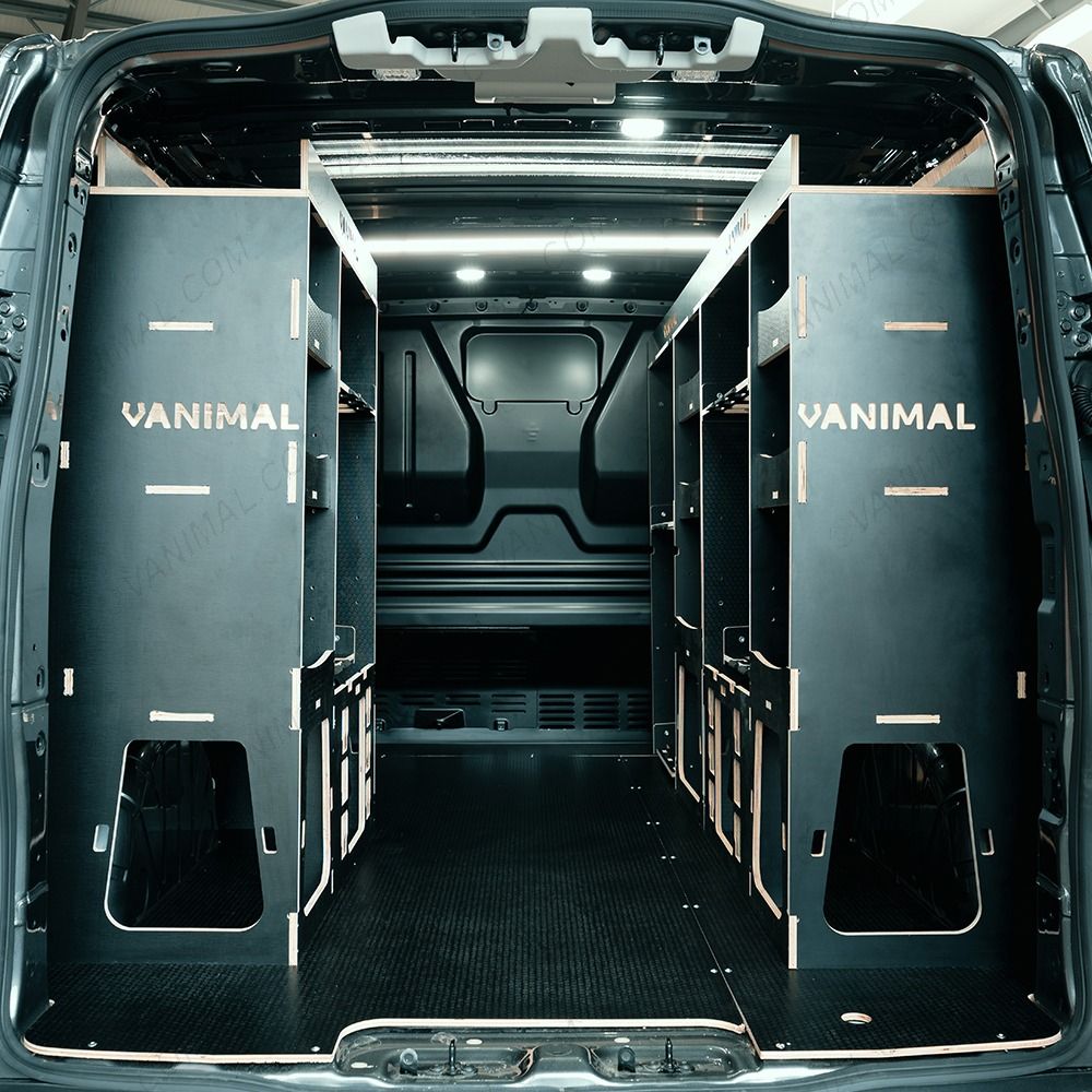 Rear van view of the Toyota Proace 2016+ L2 Milwaukee Packout Toolbox Compatible Van Racking with optional top trays