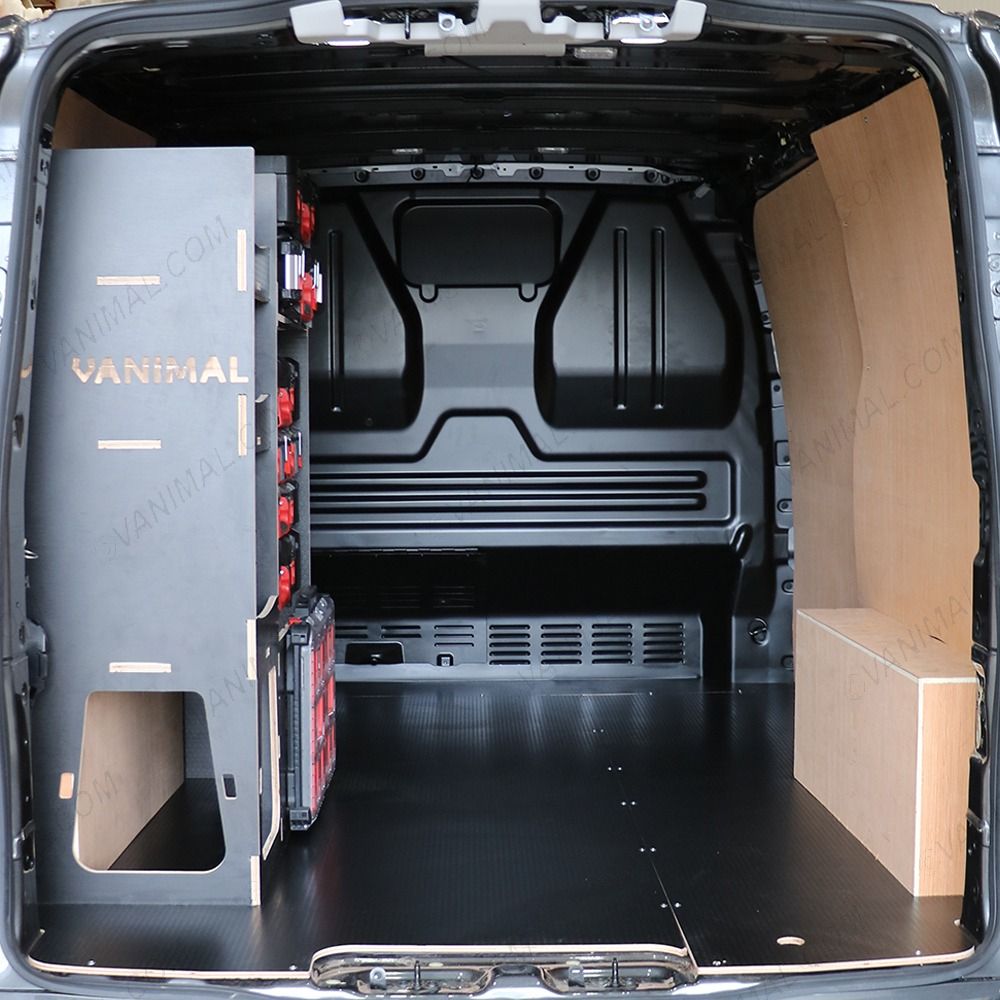 Rear van view of the Peugeot Expert 2016+ L2 Milwaukee Packout NS Rear Toolbox Rack