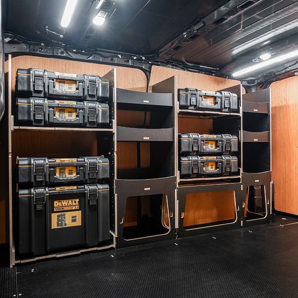 Side van angle view of the Scudo 2022- L2 DeWalt ToughSystem Toolbox Compatible Van Racking (Full OS) displayed with DeWalt ToughSystem 2.0 toolboxes