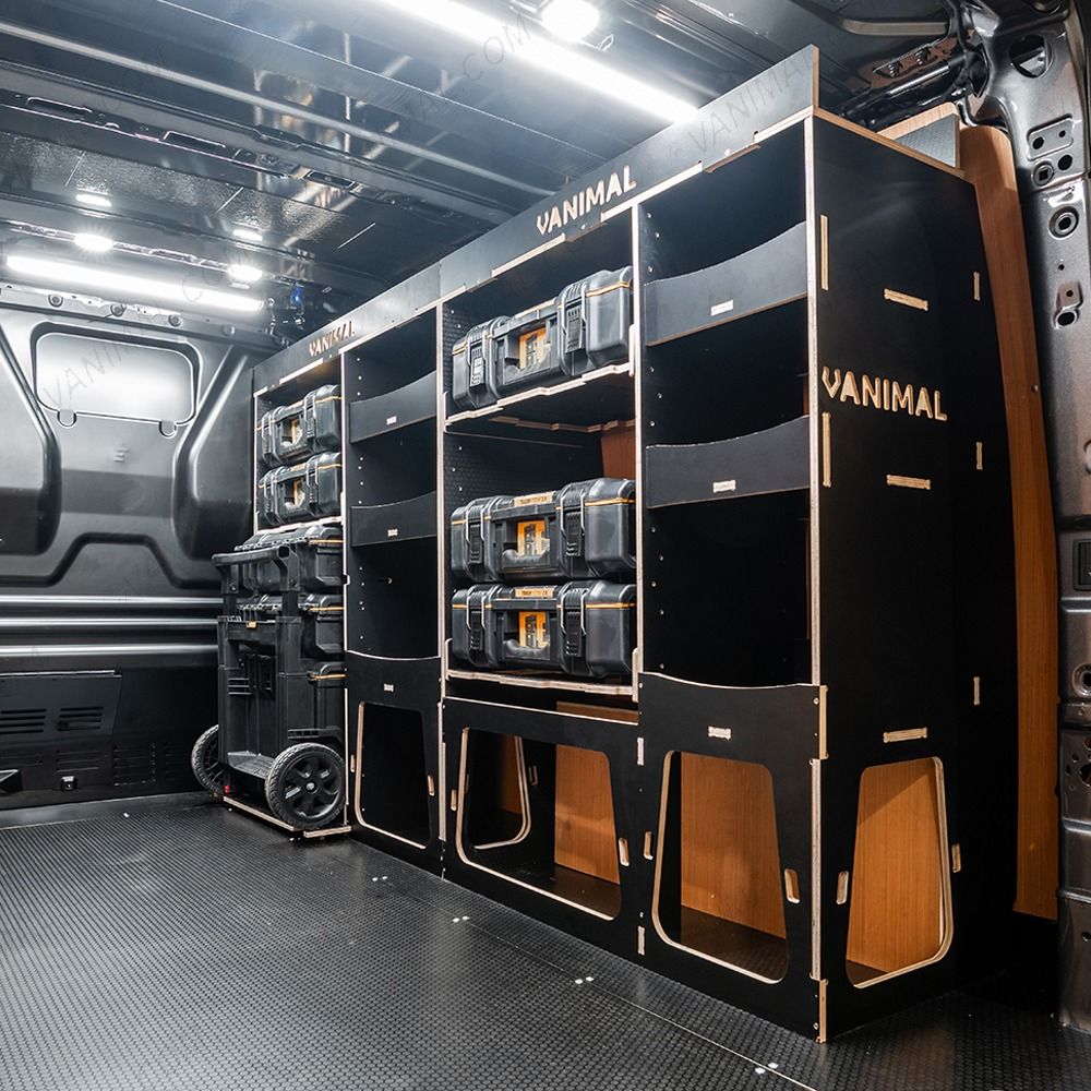 Rear van side angle view of the Scudo 2022- DeWalt ToughSystem 2.0 Trolley Compatible Van Racking (Full OS V2) displayed with DeWalt ToughSystem 2.0 toolboxes